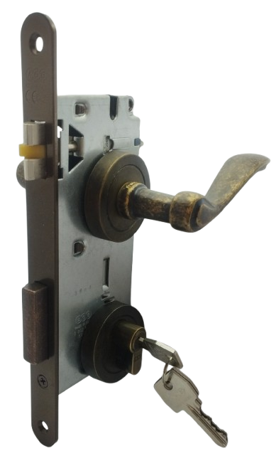 PUERTA PRINCIPAL DERECHA: Manilla Apollo Bronce Viejo Derecha, Cerradura Seguridad y Cilindro Llave/Llave AGB (Italia)