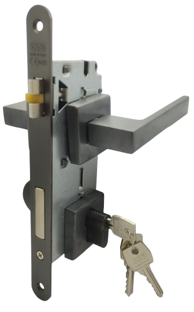 SEGURIDAD SEGURO MANUAL: Par Manillas QMini Grafito PVD Cerradura Seguridad y Cilindro Llave/Seguro Manual AGB (Italia)