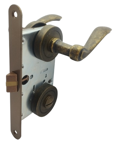 BAÑO: Par Manillas Apollo Bronce Viejo Seguro Emergencia y Cerradura AGB (Italia)