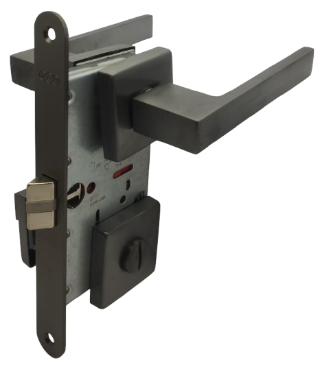 BAÑO: Par Manillas QMini Grafito PVD, Seguro Emergencia y Cerradura AGB (Italia)